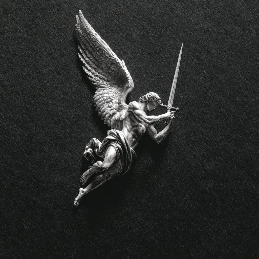 Silver bas-relief of a winged figure in flight against dark stone
