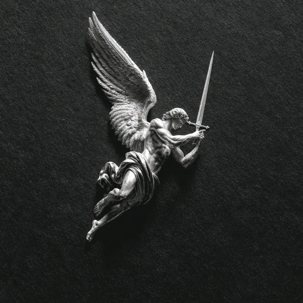 Silver bas-relief of a winged figure in flight against dark stone